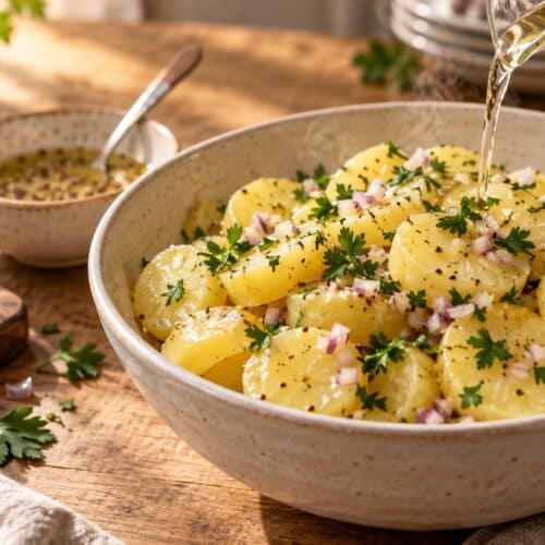 Salade de pommes de terre tiède assaisonnée au vin blanc, échalotes et persil
