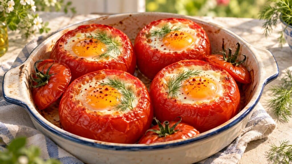 Quatre tomates de saison garnies d’œufs cocotte avec aneth et poivre de Cayenne